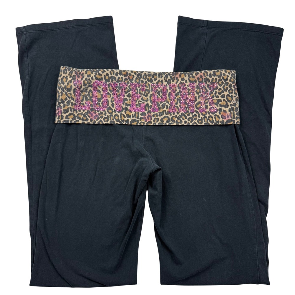 VTG Y2K Victoria's Secret PINK Fold Over Flare Pants Leopard Rhinestone M 2010